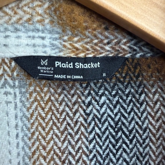 Unisex Plaid Shacket Oversized Button Up Shirt Jacket Brown Cream XL Cozy Rustic - Picture 6 of 9